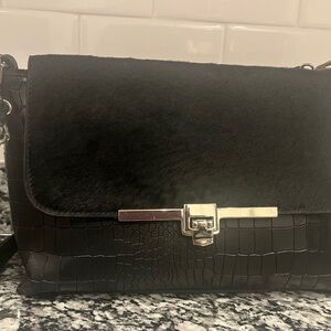Black Croc-Embossed Crossbody Bag with Haircalf Flap